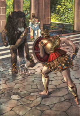 Hercules, armoured and carrying sword and shield, faces the Minotaur,
a muscled man with the head of a bull.