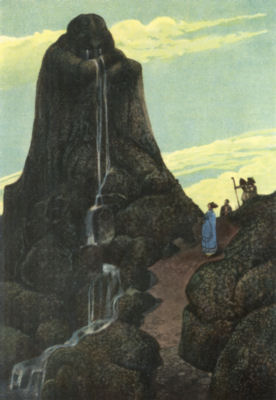 A group of three people look up at Niobe, turned to stone, her tears
forming waterfalls running down the hillside.