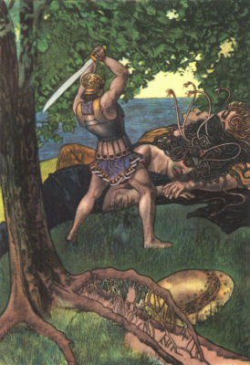 Perseus, sword raised, prepares to cut off the head of the sleeping
Medusa. Snakes in her hair rear up, while her two sister sleep beside her.