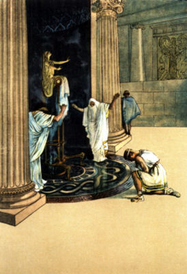 Two figures raise their arms, while a third kneels, before an altar
standing between two pillars. A fourth person stands watching in the background.