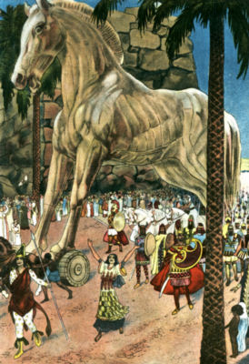 The people of Troy watch and celebrate as the enormous wooden horse
is dragged back to their city.
