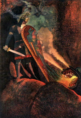 Armed with sword and shield, Beowulf prepares to fight the dragon
in its cave.