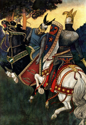 Two armed and armoured knights, one riding a black horse, the other
a white, fight one another.