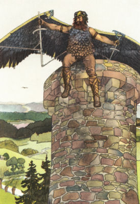 Wayland, wearing his feather shirt, wings outstretched, launches
himself from the top of a tower.
