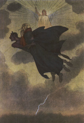 Under a dark sky split by lightning, the devil carries off Twardowski.
An angelic figure stands in the heavens in the background, holding a sword.