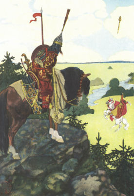 A man on a horse watches as another rider, in the field below, throws
an enormous club into the air.