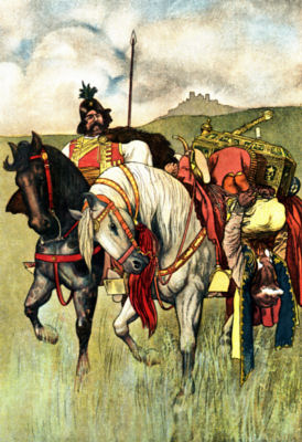 A man is bound and tied upside down on the back of a white horse, which
is being led by another rider.
