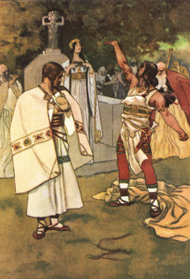 A woman dressed in white robes stands, surrounded by other people.
Two men stand in front of her. One, his cloak thrown to the ground, gestures
at the woman.