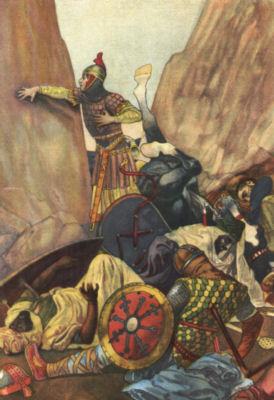 An armoured man, surrounded by the bodies of men and horses, leans
against a wall of rock clutching a wound in his chest.