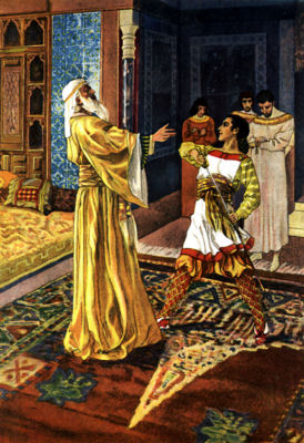 In a richly decorated room, a young man draws his sword to confront an
older man, while three others look on.