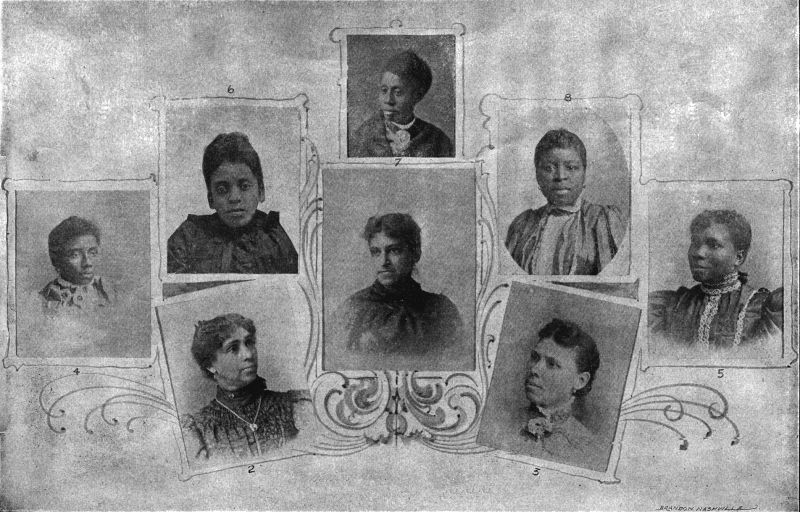 Officers of the Woman's Board.—1. Mrs J. C. Thompson,
President; 2. Mrs. J. S. Lovell, Fifth Vice President; 3. Mrs. W. H.
Key, Treasurer; 4. Mrs. Lizzie E. Robinson, Seventh Vice President;
5. Miss Nannie E. Perkins, Recording Secretary; 6. Mrs J. Ira Watson,
Sixth Vice President; 7. Mrs. J. C. Tate, First Vice President; 8.
Miss Laura B. Hobson, Corresponding Secretary.