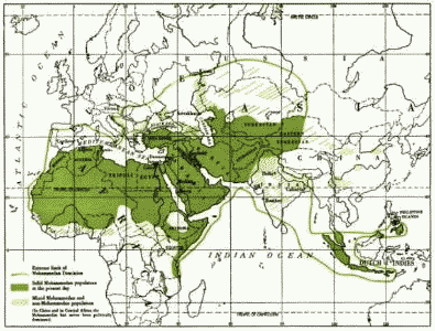 Map of the Old World, with predominantly Muslim Areas highlighted