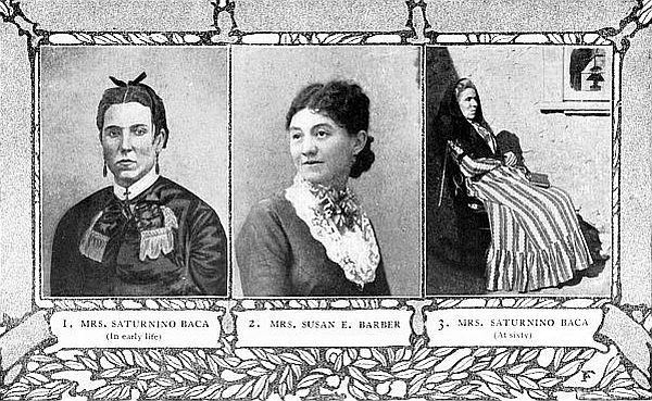 1. MRS. SATURNINO BACA (In early life) 2. MRS. SUSAN E.
BARBER 3. MRS. SATURNINO BACA (At sixty)
The "women in the case" in the Lincoln County War Mrs. Susan E. Barber
was known as the "Cattle Queen of the West"