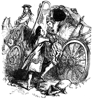 A man helps a woman from a wrecked carriage.
