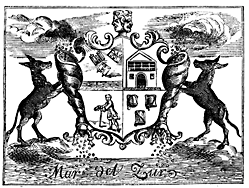 A coat of arms which features men being turned upside-down by donkeys and money falling from their pockets.