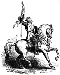 A man holds a banner while seated on a horse.