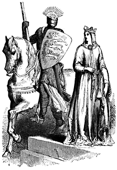 An armored man sits on a horse, a robed woman stands near them.