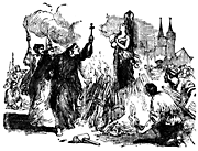 A woman is being burned on a pyre, while monks with crosses harangue her.