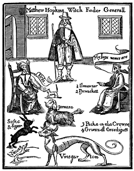 A print with various animals and people. It reads 'Matthew Hopkins Witch Finder Generall'