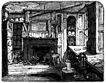 House interior. There's a fireplace and a couple of bookcases. Windows are on the right.