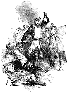 A man stands victoriously holding up a severed head.
