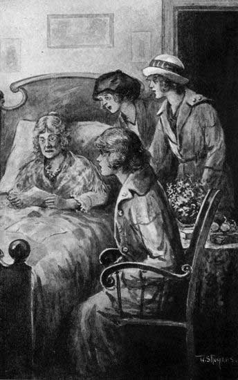 The three girls bent eagerly over Mrs. Bragley as she
opened one paper after another. (See page 65)