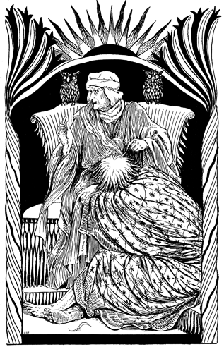 An old woman sits in a chair; a man rests his head on her lap.