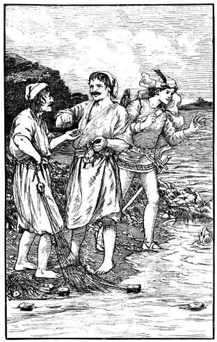 A man gives a fisherman a handful of money, while another man looks on.