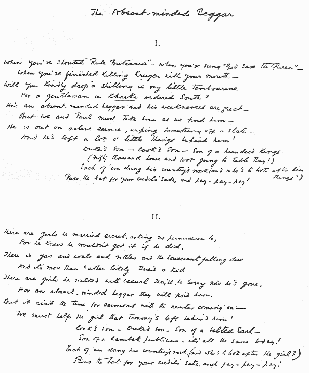 Facsimile of MS. of Mr. Rudyard Kipling's War
Poem "The Absent-minded Beggar"