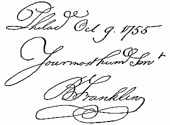 Handwritten: Philad Oct 9 1755 Your most hum Servt B Franklin