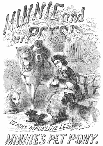 A seated girl, holding a cat, surrounded by a pony, monkey, lamb, two dogs, and a parrot