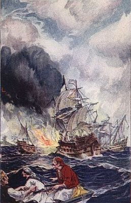 "'the fire-ship, sailing before the rest, fell presently upon the great ship'"—Page 158