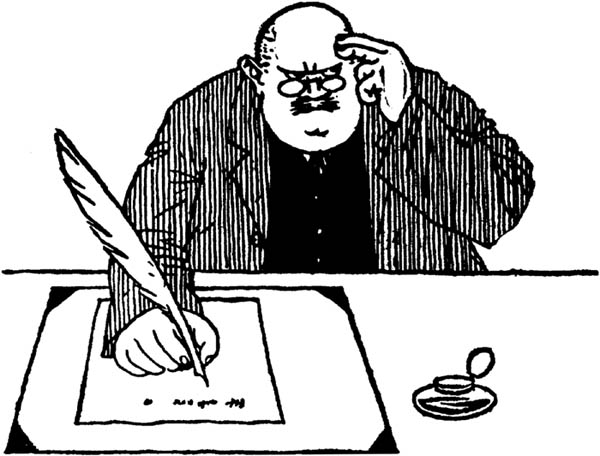 Cartoon of a German man at a writing desk