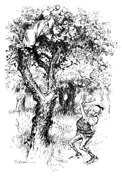 '"Take that," cried he, aiming an apple at the old man's
head.'—Page 307.