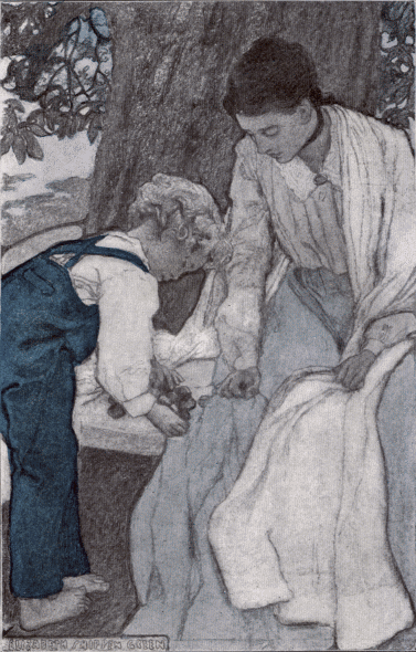Illustration:
Woman and boy playing with chestnuts.