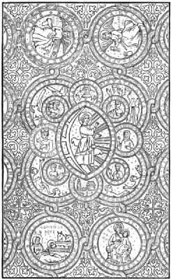 Figures within circular knotwork motifs, with a central grouping of oval and surrounding circles
