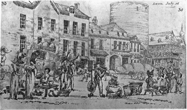HOUSES AND TOWER, LAON, 1814.