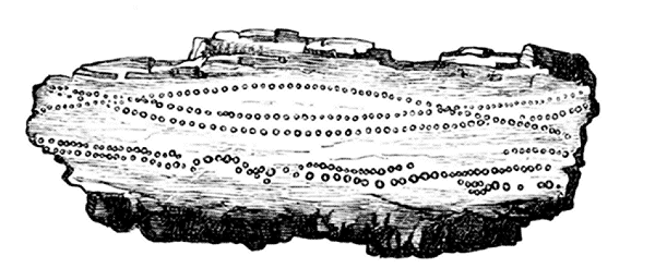Fig. 7. Eine durch die Verbindung äuszerst kleiner brauner Sphäruliten gebildete
Lage, welche zwei andere ähnliche Lagen durchschneidet; das Ganze ist nahebei in natürlicher
Grösze dargestellt.