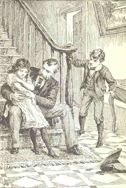 Frontispiece: man comforting little girl on stairs whilst boy
watches