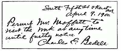 Handwritten Note: Permit Mr. Moffett to visit the work at any time until further notice. Charles E. Bedell.