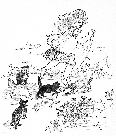"Rosy Chapman running among the Verbena beds, and half a dozen kittens
racing after her."—Page 37.