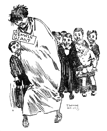 Douglas and Ginger disguised as a giant, with a crowd of other children
watching them.