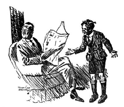 William standing in front of his father, who is seated in an armchair with a newspaper.