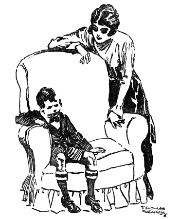 Mrs. Brown leaning over an armchair in which William is sitting.