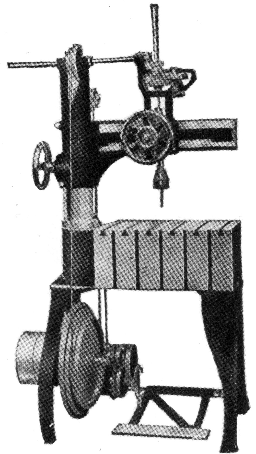 Light treadle driven Radial Drill, taking
up to 1 in. drills (½ in. shank.) This
machine is of special design, a patented
form of high speed drive giving ample
power for drilling by foot. With treadle
and fast and loose pulley. Price £24 15s.