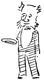 A small bewhiskered man (standing) with a slight grin.