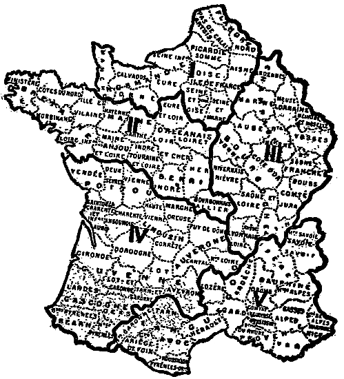 Sketch map showing the usual geographical divisions of France.