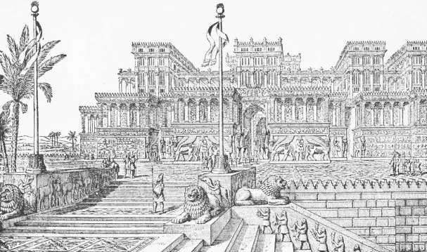 GRAND ENTRANCE TO PALACE. (From Layard's Discoveries
among the ruins of Nineveh and Babylon.)