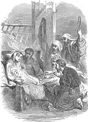 Drawing of shepherds admiring baby Jesus