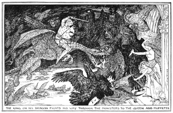 The king on his dragon fights his way through the monsters to the queen and Muffette